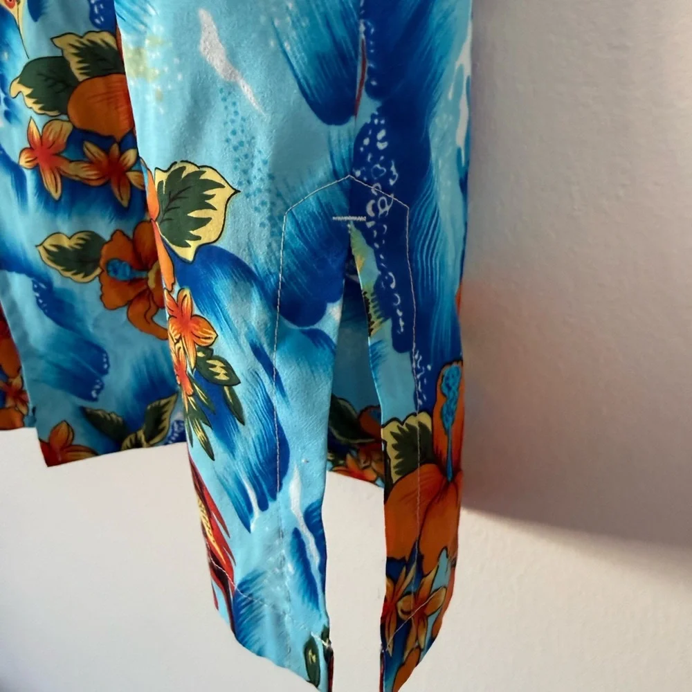 Vintage 70s Authentic Hawaiian Luau Shirt Mens M Hibiscus Floral Ocean Blue - Picture 9 of 15